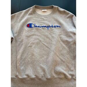 Champion Reverse Weave Sweatshirt Mens L Gray Embroidered Script Logo Pullover‎